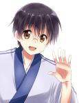  black_hair brown_eyes gintama glasses japanese_clothes kimono maruki_(punchiki) short_hair solo waving 