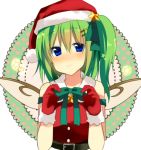  belt blue_eyes blush bust daiyousei dress fairy_wings fujishiro_emyu gloves green_hair hair_ornament hair_ribbon hairclip hat looking_at_viewer red_dress red_gloves ribbon santa_costume santa_gloves santa_hat side_ponytail smile solo star touhou wings 