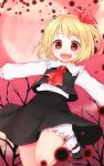  :d ascot bare_tree black_shoes blonde_hair bloomers bobby_socks full_moon hair_ribbon long_sleeves mary_janes moon open_mouth outstretched_arms puffy_long_sleeves puffy_sleeves red_eyes ribbon rumia sayo_(pixiv2776630) shoes short_hair skirt skirt_lift skirt_set smile socks solo spread_arms standing_on_one_leg touhou tree tress_ribbon white_legwear 