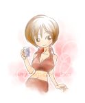  1girl blush brown_eyes brown_hair can character_name english happy_birthday meiko navel obsidian_order short_hair smile solo translation_request vocaloid 