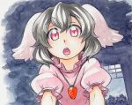  animal_ears black_hair bunny_ears carrot dress inaba_tewi jewelry kawachi_koorogi looking_at_viewer marker_(medium) necklace open_mouth pendant rabbit_ears red_eyes short_hair solo touhou traditional_media 