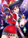  black_hair braid candy_cane christmas hat mauve original red_eyes santa_costume solo twin_braids witch_hat 
