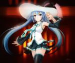 armpits bare_shoulders belt blue_hair dark_background detached_sleeves feathers hat hat_feather hat_ribbon hatsune_miku long_hair looking_at_viewer miniskirt multicolored_eyes necktie ribbon same skirt solo striped striped_ribbon thigh-highs thighhighs twintails vocaloid vocaloid_(tda-type_ver) 