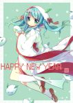  aqua_hair green_eyes hatsune_miku japanese_clothes kimono new_year pf snow_bunny socks solo uchikake vocaloid yuki_miku 