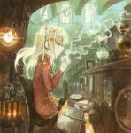  bar blonde_hair blush cafe chair closed_eyes cup eyes_closed furnace glasses hair_ornament hairclip heater highres holding kettle konno_takashi_(frontier_pub) lamp lantern lights long_hair original plate ponytail profile scenery sitting smile solo stairs steam teacup 