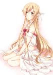  asuna_(sao) asuna_(sao-alo) bow brown_eyes brown_hair dress ear_covers elf long_hair midriff misuzu_(iridescence) pointy_ears ribbon sitting solo sword_art_online titania_(sao) wariza 