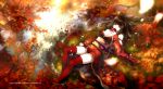  apple autumn black_hair food fruit leaf long_hair lying myhilary original red_eyes red_legwear scenery solo thigh-highs thighhighs tree water watermark web_address 