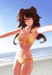  beach bikini breasts brown_eyes brown_hair cleavage eu03 glasses highres kujikawa_rise long_hair navel ocean persona persona_4 red-framed_glasses semi-rimless_glasses solo swimsuit twintails yellow_bikini 