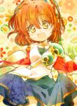  1girl :d arle_nadja brown_hair capelet floral_background open_mouth puyopuyo short_hair skirt smile solo wi yellow_eyes 