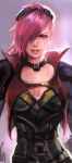  blue_eyes breasts cleavage collar face freckles goggles hair_over_one_eye highres league_of_legends lips looking_at_viewer pink_hair short_hair smile solo vi_(league_of_legends) yy6242 