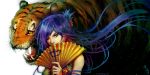  animal artist_name blue_hair chinese_clothes colored_eyelashes copyright_request covering_mouth fan fangs floating_hair folding_fan hair_up long_hair sleeveless solo tiger transparent_background watermark web_address wenqing_yan yellow_eyes 