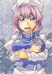  blue_eyes blush breasts dress embarrassed hat jewelry kawachi_koorogi large_breasts lavender_hair letty_whiterock looking_at_viewer marker_(medium) open_mouth short_hair solo tears touhou traditional_media 