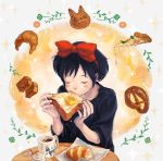  black_hair blush_stickers bread bread_in_mouth butter cat closed_eyes croissant cup eating egg eyes_closed food hair_ribbon hairband highres kiki leaf majo_no_takkyuubin omiso_(n0m) pizza ribbon solo studio_ghibli table teacup toast 