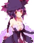  black_gloves black_ribbon blush braid breasts cleavage elbow_gloves gloves hair_ornament hat highres long_hair mismagius personification pokemon red_eyes ribbon single_braid solo takeshima_(nia) witch_hat 