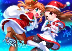  aqua_eyes ass bell black_legwear blush boots brown_hair christmas dress food from_behind from_below gloves green_eyes hairband hat highres idolmaster jingle_bell long_hair looking_at_viewer looking_back looking_down minase_iori multiple_girls open_mouth orange_hair pantyhose print_legwear print_pantyhose red_eyes ribbon sack santa_costume santa_hat smile stuffed_animal stuffed_toy takatsuki_yayoi thigh-highs thighhighs twintails white_legwear zen 