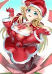  arudehido belt blonde_hair blue_eyes blush box breasts christmas cleavage gift gift_box gloves hat large_breasts long_hair long_sleeves open_mouth original pantyhose red_gloves santa_costume santa_hat solo very_long_hair wide_sleeves 