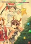  antlers black_hair blue_eyes blush brown_eyes brown_hair charlotte_e_yeager christmas_tree francesca_lucchini gertrud_barkhorn hairband hat long_hair military military_uniform multiple_girls niina_ryou open_mouth ornament piggyback reindeer_antlers santa_costume santa_hat smile star strike_witches twintails uniform 