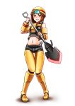  blush brown_eyes brown_hair desperado_(gundam_age) gundam gundam_age hagiwara_yukiho hardhat hat helmet highres idolmaster michioplas navel short_hair shovel solo worktool 