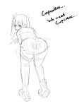  ass ass_shake bent_over boots cupcake cupcake-chan grin hamblasto knee_boots long_hair mismatched_legwear monochrome original single_thighhigh sketch smile solo thigh-highs thigh_strap thighhighs twintails 