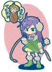  1boy 1girl ahoge alternate_costume artist_request beastmaster boots brown_hair butz_kauser butz_klauser earmuffs faris_scherwiz final_fantasy final_fantasy_v green_eyes long_hair looking_down polka_dot pot purple_hair romaji skull smile solo standing thought_bubble translation_request whip 