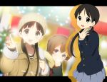  :d beanie black_eyes black_hair brown_eyes brown_hair coat endou_michiko extra hat hatasuke index_finger_raised k-on! kikuchi_tae long_hair mole multiple_girls open_mouth pointing raised_finger school_uniform smile twintails waving winter_clothes 