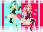  alternate_costume aqua_eyes aqua_hair blue_eyes bubble_skirt gloves hat hatsune_miku headphones heart megurine_luka microphone multiple_girls necktie open_mouth pink_hair sitting skirt vocaloid waistcoat 