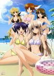  absurdres ball beach beachball bikini blonde_hair blue_eyes blue_hair breasts brown_hair cleavage cloud clouds fate_testarossa feet green_eyes hair_ornament hairclip higa_yukari highres innertube isis_eaglet legs lily_strosek long_hair lyrical_nanoha mahou_senki_lyrical_nanoha_force moon multiple_girls nyantype ocean official_art open_mouth polka_dot polka_dot_bikini polka_dot_swimsuit purple_hair scan short_hair sky smile swimsuit takamachi_nanoha v very_long_hair water yagami_hayate yellow_eyes 