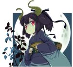  animal_ears branch clenched_hand clenched_hands full_moon hair_ribbon horns ikura_hato japanese_clothes kimono leaf moon obi original ponytail purple_hair red_eyes ribbon smile solo 