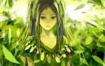  black_eyes black_hair bou_nin expressionless green leaf long_hair looking_at_viewer original payot sidelocks solo twintails 