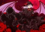  adapted_costume bat_wings black_dress black_gloves bow brooch capelet dress flower frilled_dress frills full_moon gloves hat hat_ribbon highres jewelry long_sleeves moon night petals red_eyes red_moon red_rose remilia_scarlet ribbon ring rose silver_hair sky smile solo star_(sky) touhou untsue wide_sleeves wings 