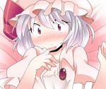  blue_hair blush brooch bust commentary dress hammer_(sunset_beach) hat hat_ribbon jewelry pink_dress puffy_sleeves purple_eyes remilia_scarlet ribbon shocked_eyes short_hair short_sleeves silver_hair solo touhou violet_eyes 