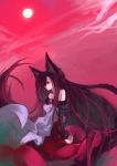  1girl animal_ears bare_shoulders brooch brown_hair dress fingernails full_moon highres imaizumi_kagerou jewelry long_fingernails long_hair long_sleeves moon red_eyes red_sky sky smile solo tail touhou very_long_hair wolf_ears wolf_tail 