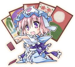  1girl chibi hanafuda hat lowres open_mouth pink_hair saigyouji_yuyuko seiza short_hair sitting smile solo t-ray touhou triangular_headpiece violet_eyes 