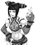  bare_shoulders bracelet fingerless_gloves gloves han_juri jewelry midriff monochrome muscle oetarou simple_background solo spiked_bracelet spikes street_fighter street_fighterers tongue 