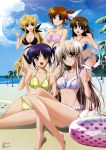  ball beach beachball bikini blonde_hair blue_eyes blue_hair breasts brown_hair cleavage fate_testarossa higa_yukari highres innertube isis_eaglet large_breasts legs lily_strosek long_legs lyrical_nanoha mahou_senki_lyrical_nanoha_force multiple_girls nyantype ocean official_art polka_dot polka_dot_bikini polka_dot_swimsuit raising_heart sand steed swimsuit takamachi_nanoha thighs yagami_hayate yellow_eyes 