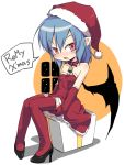  alternate_costume bat_wings bell bell_collar blue_hair body_blush christmas collar elbow_gloves gift gloves hat high_heels looking_at_viewer noya_makoto open_mouth pointy_ears red_eyes red_legwear remilia_scarlet santa_hat shoes short_hair sitting solo thigh-highs thighhighs touhou wings 