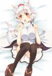  1girl animal_ears black_legwear blush breasts detached_sleeves hat inubashiri_momiji large_breasts lying on_back open_mouth red_eyes short_hair silver_hair solo tail thigh-highs thighhighs tokin_hat touhou wolf_ears wolf_tail 