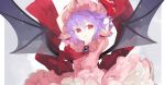  arms_up ascot bat_wings hat hat_ribbon lavender_hair parted_lips red_eyes remilia_scarlet ribbon shihou_(g-o-s) short_hair simple_background skirt skirt_set solo touhou wings 