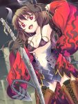  armor armpits bikini_top boots breasts brown_hair claws collarbone cross-laced_footwear demon_girl demon_horns demon_tail detached_sleeves ikura_hato japanese_clothes lace-up_boots long_hair navel off_shoulder open_mouth original purple_hair red_eyes sharp_teeth skindentation slit_pupils solo sword tail thigh-highs thigh_boots thighhighs under_boob underboob weapon 