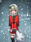  androgynous black_legwear blush erubo hair_ribbon hairband merry_christmas mittens open_mouth original red_eyes ribbon sack santa_costume silver_hair skirt smile snow snowing solo thigh-highs thighhighs trap v_arms yohane_bonaventura 