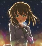  backlighting blurry blush bokeh brown_eyes brown_hair bust depth_of_field gloves hagiwara_yukiho hand_on_own_chest highres idolmaster looking_at_viewer open_mouth rariemonn scarf short_hair sky snow solo 