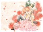  1boy 1girl ahiru ahoge bare_shoulders blue_eyes couple dress eyelashes fakir flower freckles gloves green_hair hair_bun horikiri_akio hug ponytail princess_tutu sitting 