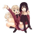  arm_around_neck arm_up black_hair black_legwear blonde_hair carrying convenient_leg full_body green_eyes hands kawamura_reo kirisato_itsuki kneehighs long_hair mary_janes multiple_girls oekaki open_mouth outstretched_arm princess_carry red_eyes sawaguchi_mai school_uniform shoes short_hair simple_background smile sono_hanabira_ni_kuchizuke_wo thigh-highs thighhighs white_background yuri 