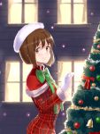  bow brown_eyes brown_hair christmas christmas_tree dress hagiwara_yukiho hat idolmaster jyon mittens short_hair smile solo 