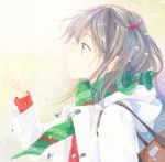  arm_up bag hair_ornament looking_up open_mouth original purse scarf short_hair silver_hair smile snow solo tiv 