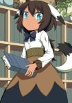  animal_ears blue_eyes book bowtie brown_hair dress ikura_hato library long_hair looking_at_viewer original plant ponytail potted_plant solo tail tan wavy_hair 