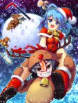  animal_costume antlers bell blood blue_eyes blue_hair boots braid capelet chima_q christmas crowbar dress gift hair_rings hair_stick hat highres jiangshi kaku_seiga knife miyako_yoshika monkey multiple_girls ofuda open_mouth reindeer reindeer_costume return_of_the_living_dead sack santa_costume santa_hat sharp_teeth short_hair short_sleeves smile touhou 