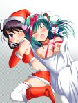  ;p bare_shoulders black_hair blush boots breasts carrying christmas cleavage closed_eyes crying deego_(omochi_bazooka) elbow_gloves eyes_closed flying_sweatdrops frog_hair_ornament gift_wrapping gloves green_hair hair_ornament hair_tubes hakurei_reimu hat heart highres kidnapping kochiya_sanae large_breasts long_hair looking_at_viewer multiple_girls nude open_mouth purple_eyes ribbon sack santa_costume santa_hat short_hair skirt smile snake_hair_ornament sweatdrop tears thigh-highs thighhighs tied_up tongue touhou violet_eyes white_legwear wink 