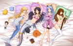  aqua_eyes armpits arms_up bare_shoulders bed_sheet black_hair blonde_hair blue_hair book brown_hair copyright_request fins fox green_eyes head_fins highres long_hair looking_at_viewer lying mermaid midnight_(artist) monster_girl multiple_girls on_back on_side pajamas panties pillow smile sword tail thigh-highs thighhighs underwear weapon 