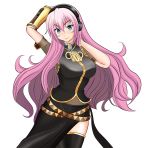  belt blue_eyes blush breasts dress hands_in_hair headphones large_breasts long_hair megurine_luka multiple_belts pink_hair smile solo thigh-highs thighhighs very_long_hair vocaloid xyz_(kamikazejap) 